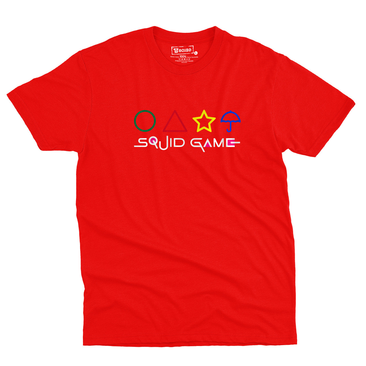Pánské tričko s potiskem “Squid Game, název a barevné symboly"