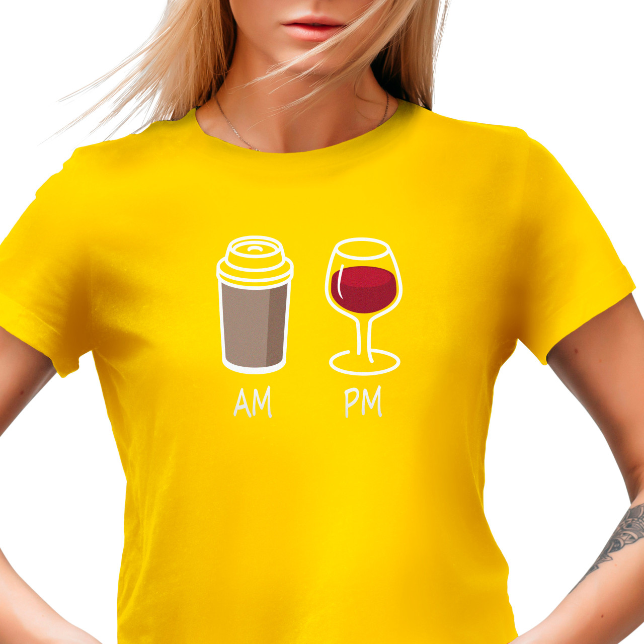 Dámské tričko s potiskem “Ráno kafe, odpoledne víno”