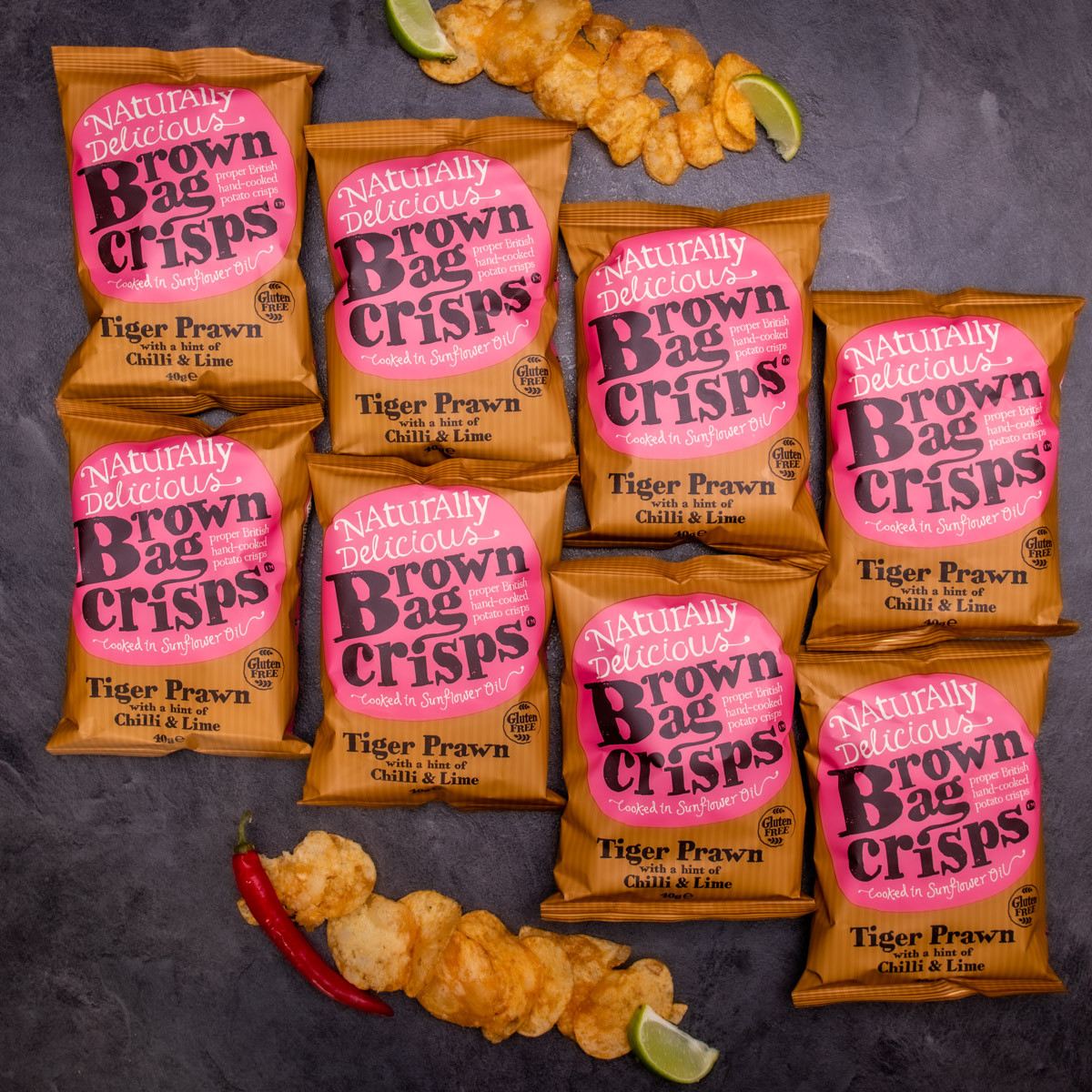 20× Křupavé, ručně vyráběné Brown Bag Crisps s krevetami a limetkou 40 g