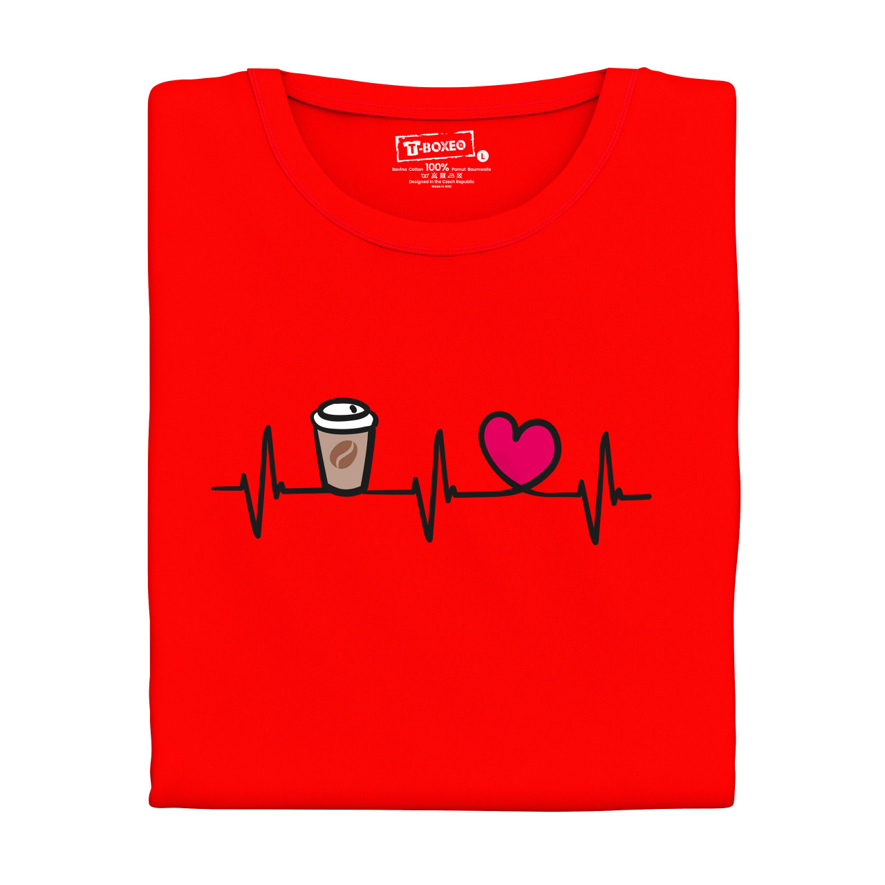 Pánské tričko s potiskem “Tlukot srdce – káva to go a víno”
