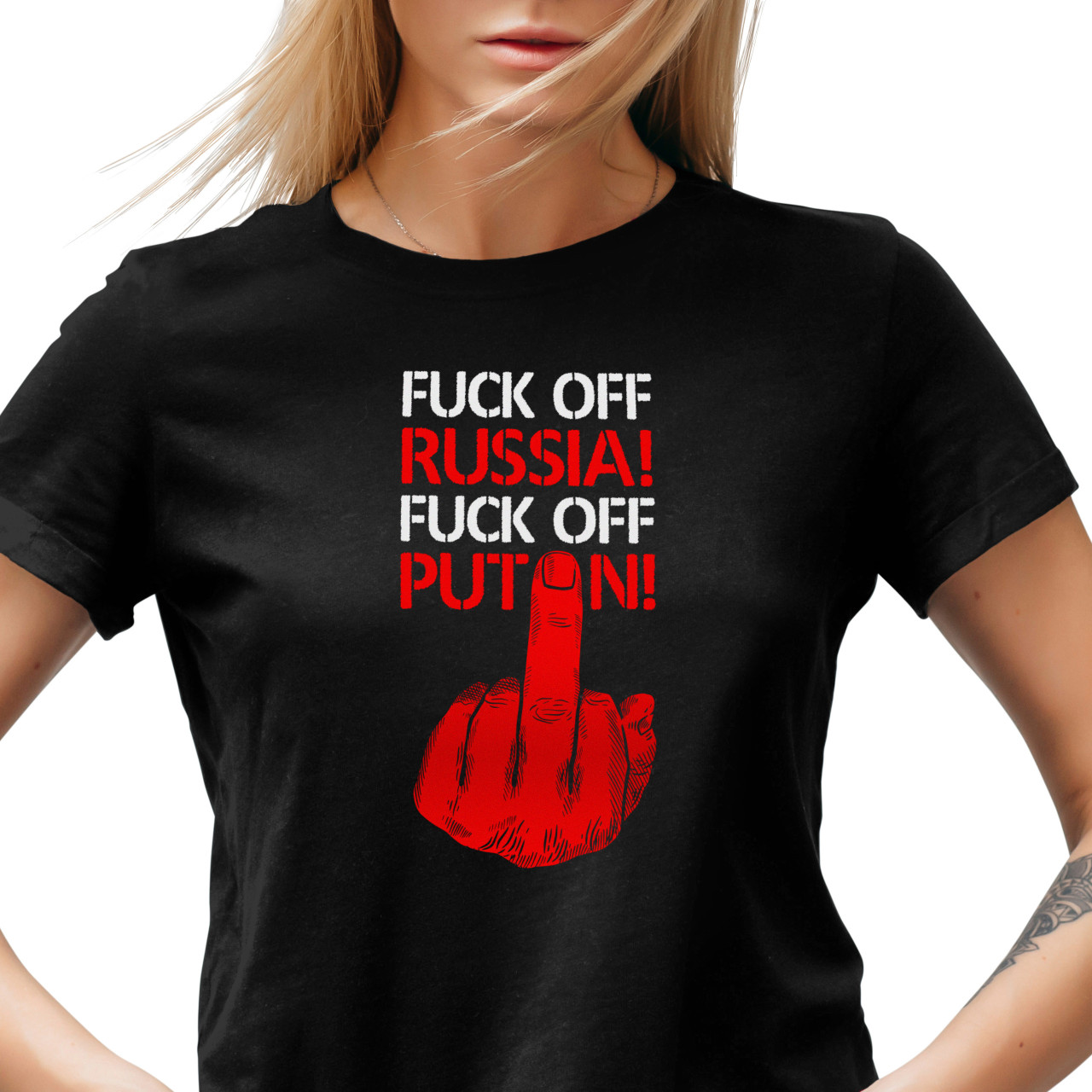 Dámské tričko s potiskem “Fuck off Russia! Fuck off Putin!”
