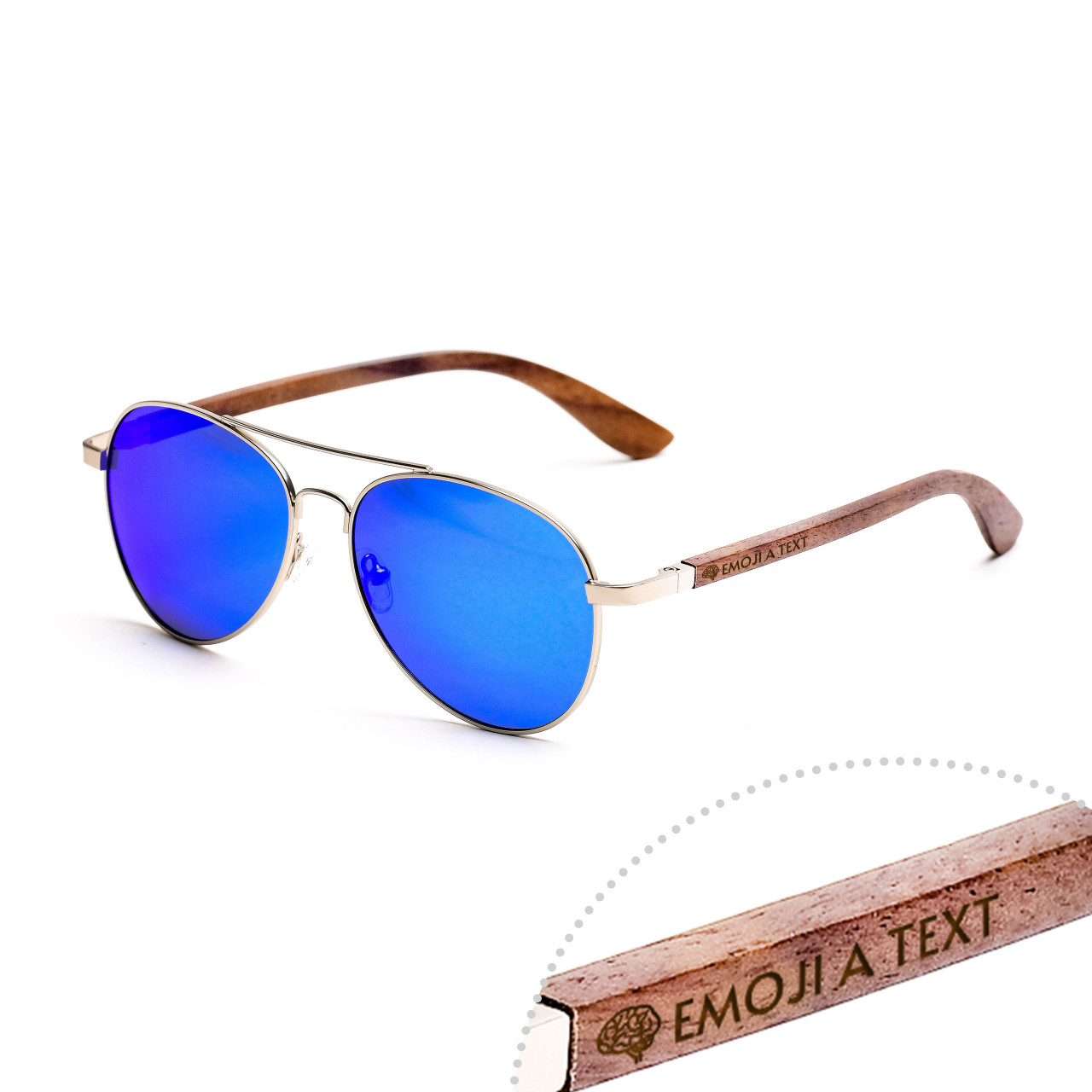 Brýle Aviator – modré čočky + tmavý ořech s gravírováním