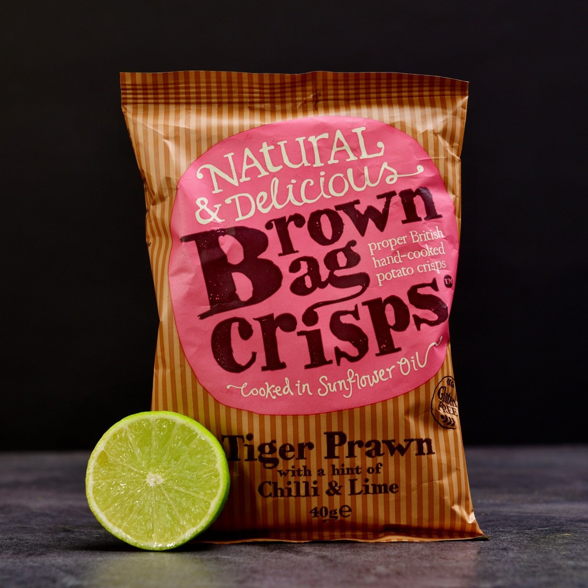 Křupavé, ručně vyráběné Brown Bag Crisps s krevetami a limetkou 40 g