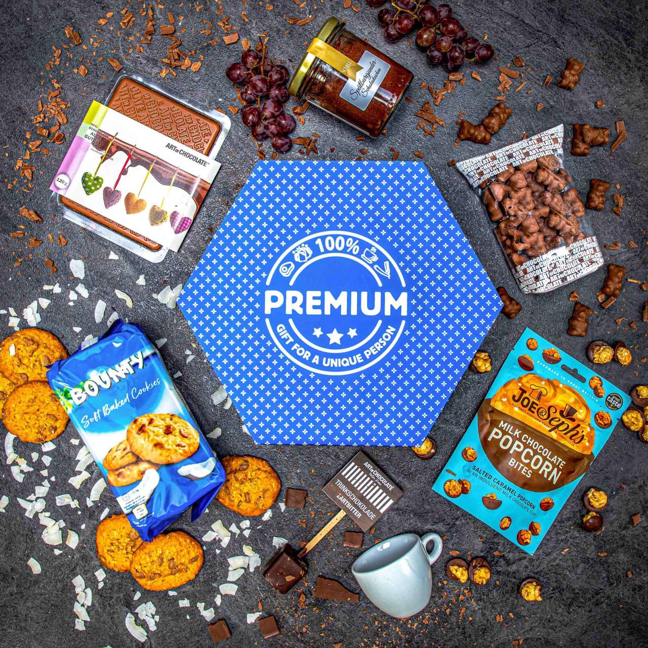 Hexagon plný čokoládových specialit - Modrý