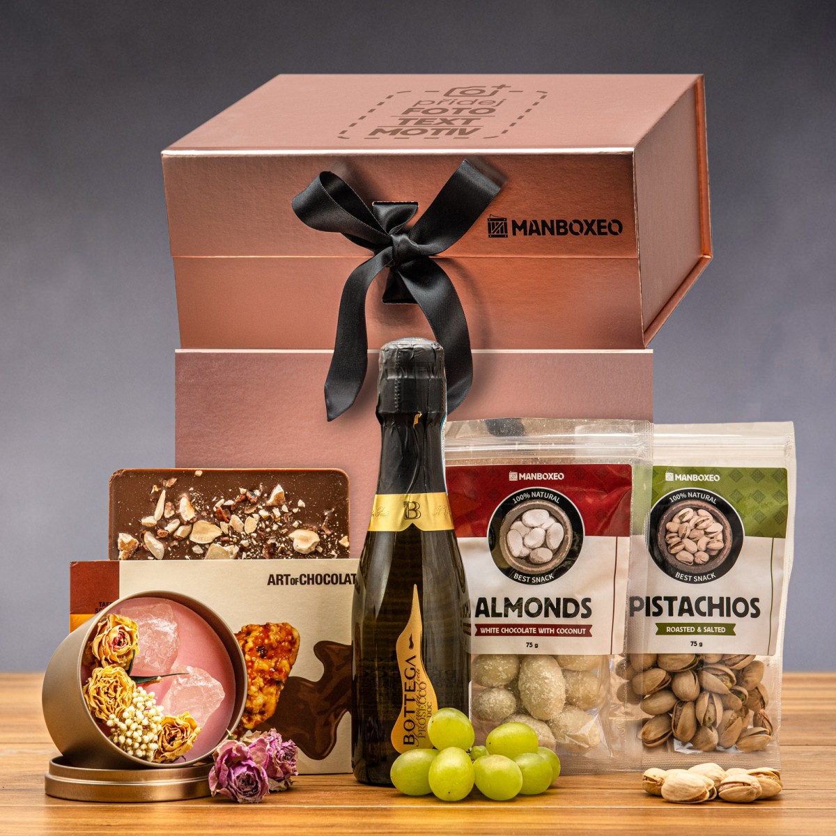 Luxusní box s proseccem (rose gold) - dárkový box | Dárek k narozeninám, svátku, výročí, vánocům pro muže, ženu | Dárkový koš, box, krabice, krabička,