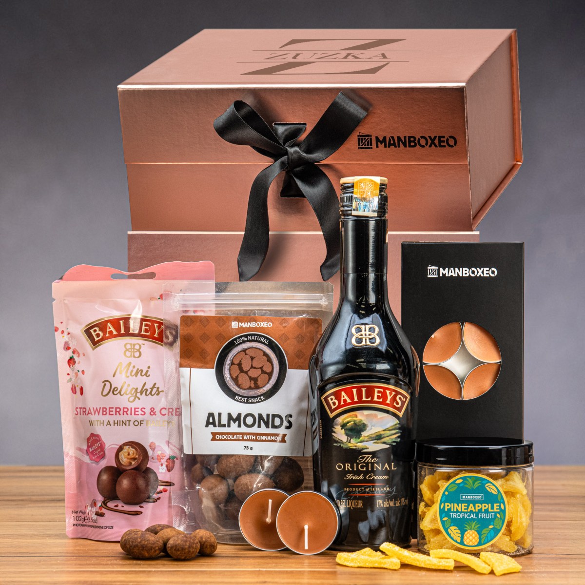 Luxusní box s Baileys (rose gold) - dárkový box | Dárek k narozeninám, svátku, výročí, vánocům pro muže, ženu | Dárkový koš, box, krabice, krabička, b