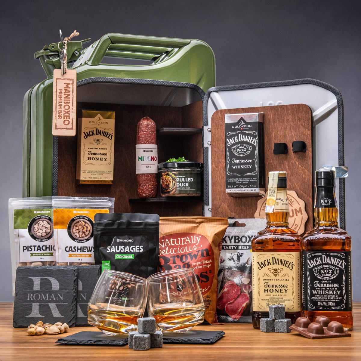Manboxeo Kanystr bar Khaki Jack Daniel's | Dárek pro muže, tátu, dědu k narozeninám, výročí, svátku, vánocům | Dárkový Kanystrbar s alkoholem | dárek