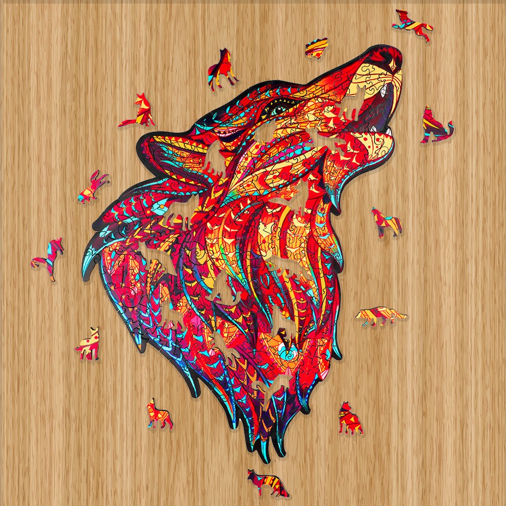 Dřevěné kreativní puzzle Červený vlk | Dřevěné 3d puzzle, jigsaw puzzle | Vánoční dárek pro kluky, holky, muže, ženy, děti, k narozeninám, svátku, ván