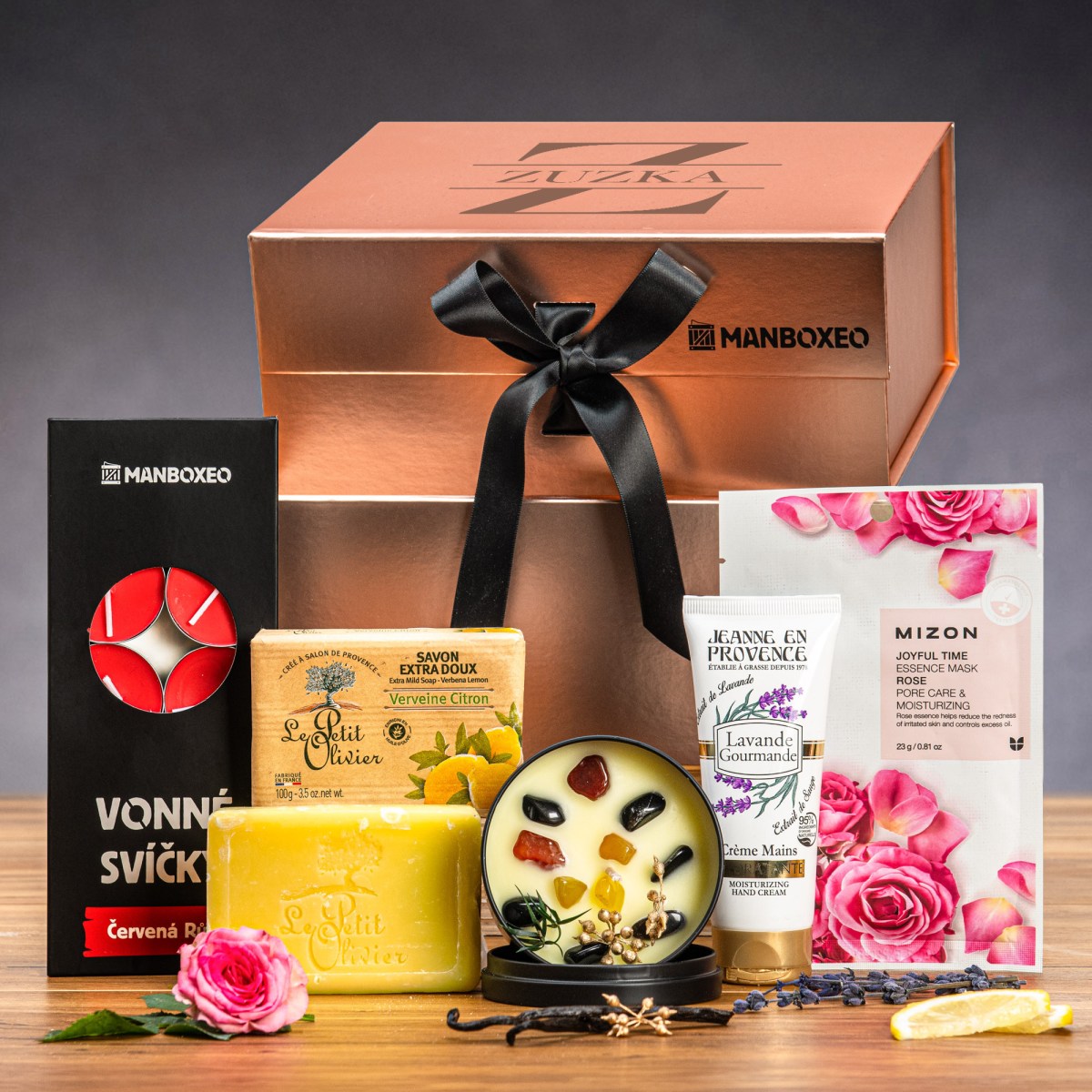Luxusní box s kosmetikou MIX (rose gold) - dárkový box | Dárek k narozeninám, svátku, výročí, vánocům pro muže, ženu | Dárkový koš, box, krabice, krab