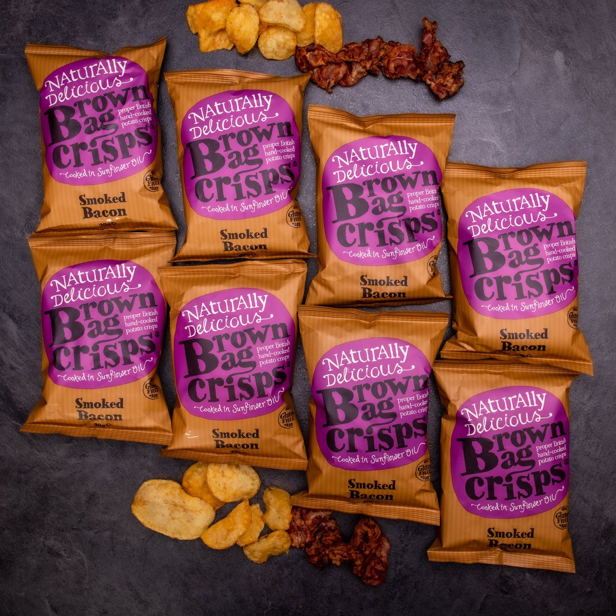 20× Křupavé, ručně vyráběné Brown Bag Crisps s uzenou slaninou 40 g