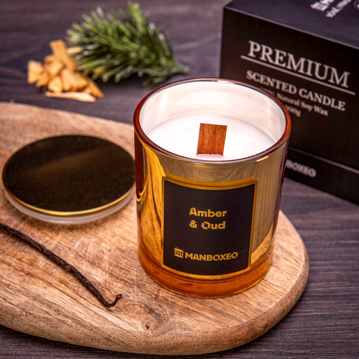 30% SLEVA Svíčka se zlatým víčkem - Amber & Oud 200 g | Dárek k narozeninám, výročí svatby, den matek, svátku | Dárek pro ženu, maminku, mámy, ženy, b