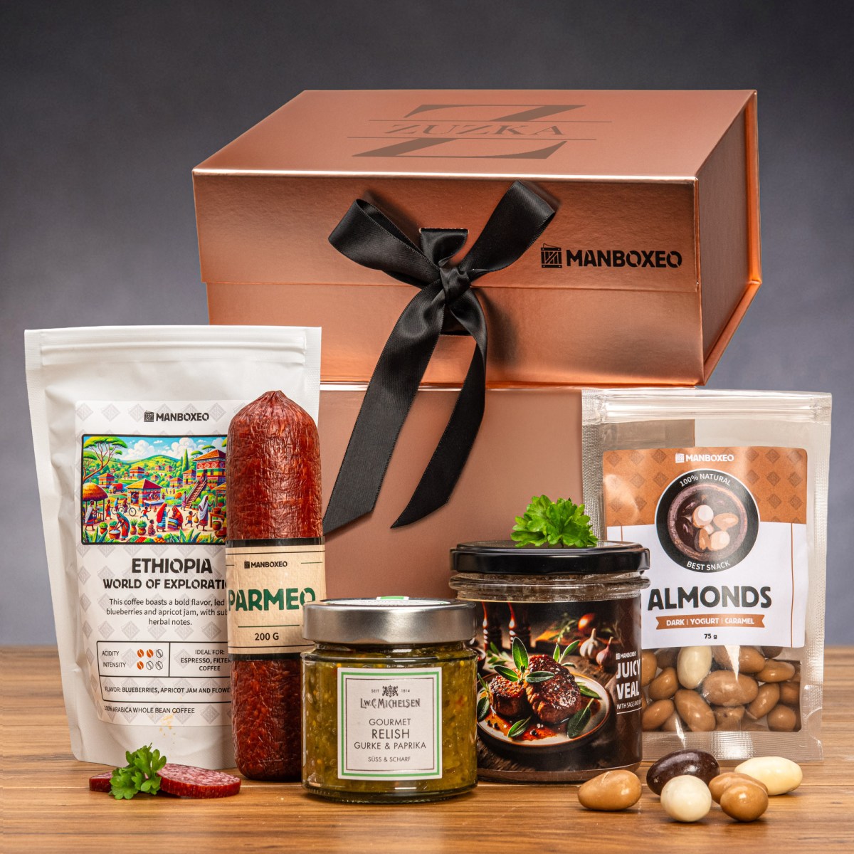 Luxusní box plný delikates (rose gold) - dárkový box | Dárek k narozeninám, svátku, výročí, vánocům pro muže, ženu | Dárkový koš, box, krabice, krabič