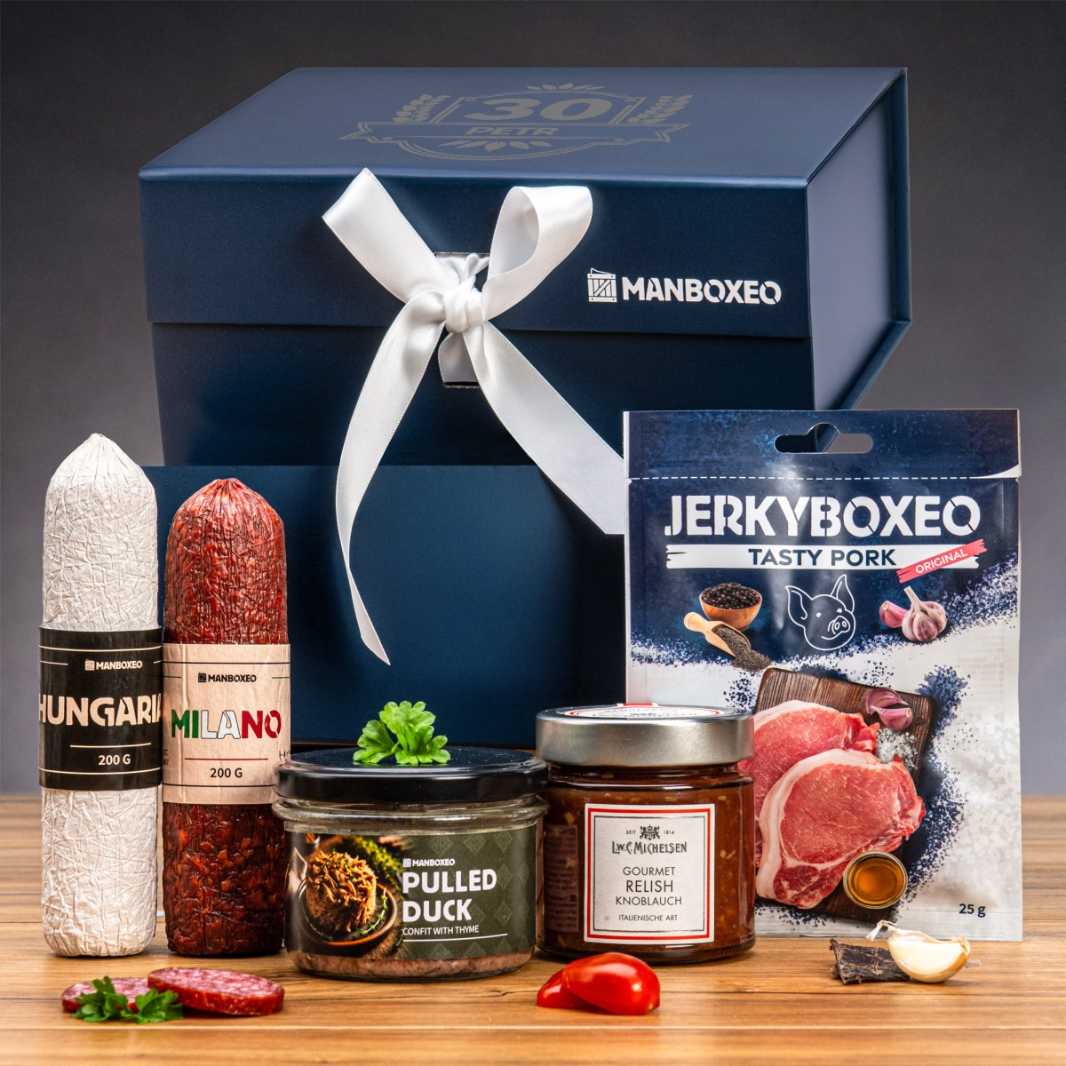 Luxusní box pro gurmána (royal blue) - dárkový box | Dárek k narozeninám, svátku, výročí, vánocům pro muže | Dárkový koš, box, krabice, krabička, bale