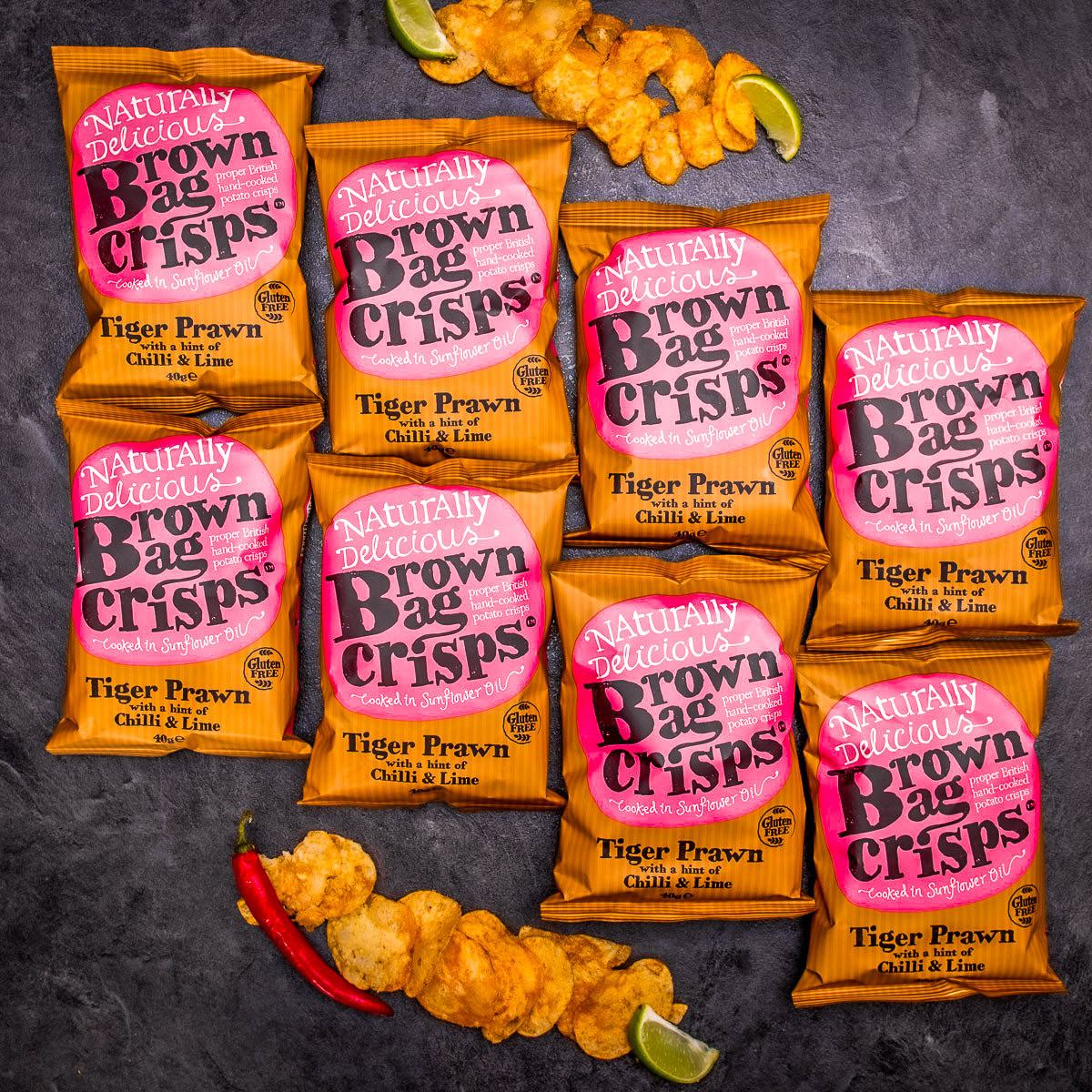 20× Křupavé, ručně vyráběné Brown Bag Crisps s krevetami a limetkou 40 g
