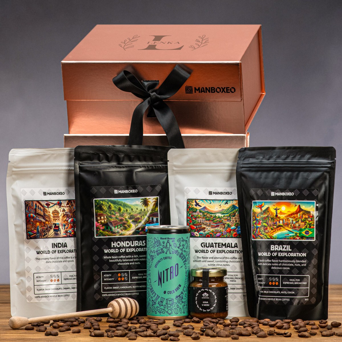 Luxusní box pro kafařku (rose gold) - dárkový box | Dárek k narozeninám, svátku, výročí, vánocům pro muže, ženu | Dárkový koš, box, krabice, krabička,