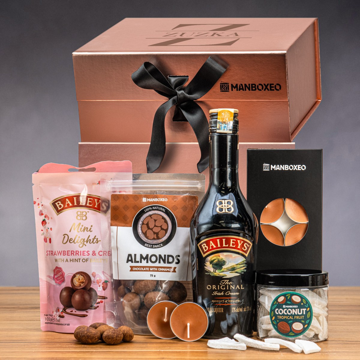 Luxusní box s Baileys (rose gold) - dárkový box | Dárek k narozeninám, svátku, výročí, vánocům pro muže, ženu | Dárkový koš, box, krabice, krabička, b