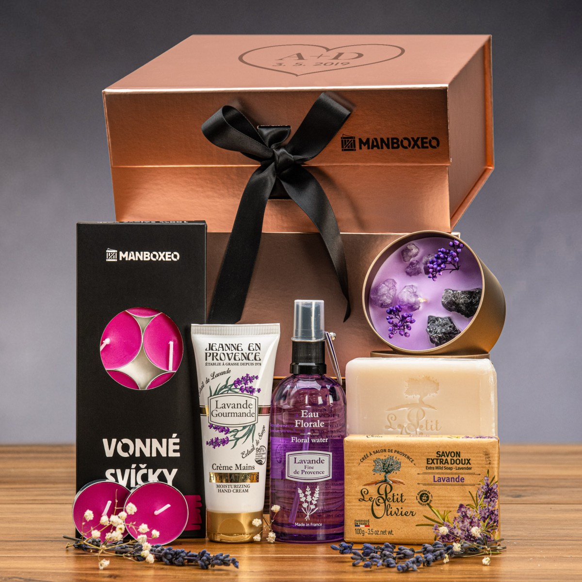 Luxusní box s kosmetikou Levandule (rose gold) - dárkový box | Dárek k narozeninám, svátku, výročí, vánocům pro muže, ženu | Dárkový koš, box, krabice