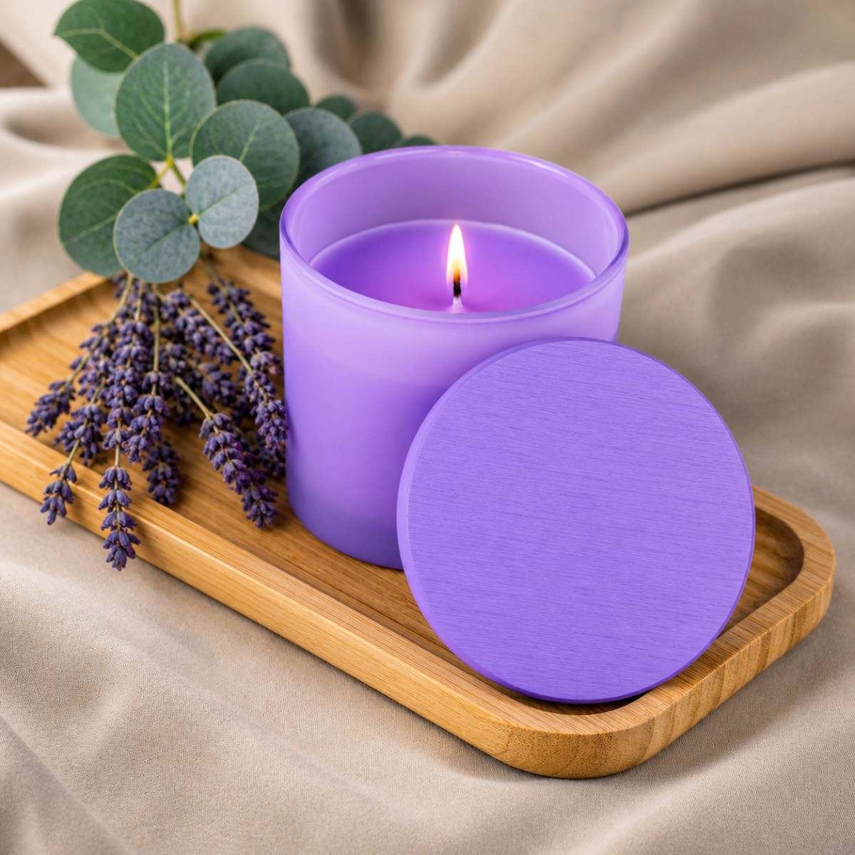 30% SLEVA Fialová vonná svíčka v krabičce 200g - LAVENDER & EUCALYPTUS | Dárek k narozeninám, výročí svatby, den matek, svátku | Dárek pro ženu, mamin