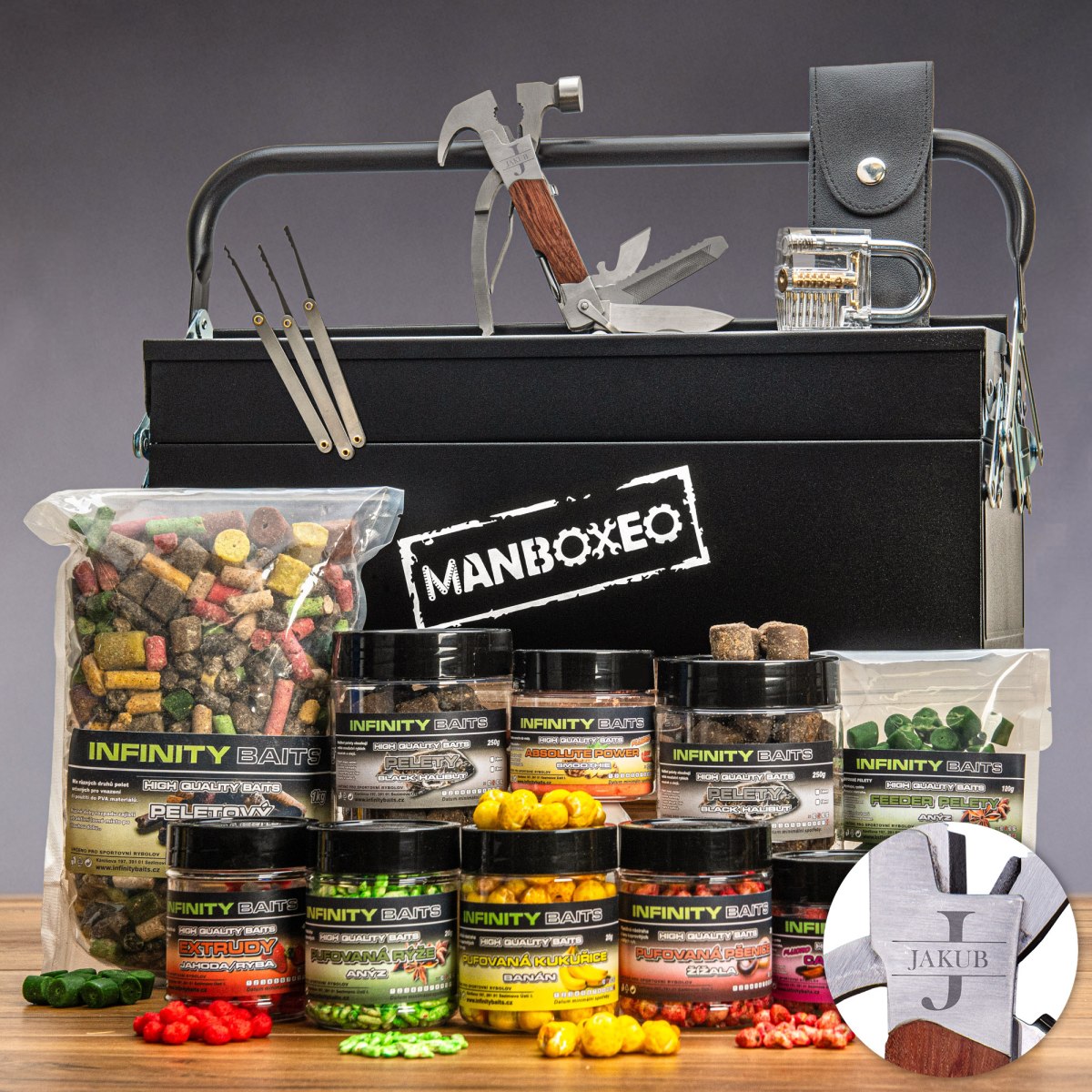 Toolboxeo pro rybáře + Multitool | Dárkový kufr na nářadí | Dárek pro muže, kutila, tátu, dědu | Dárek k narozeninám, výročí, vánocům | Dárkový koš, b