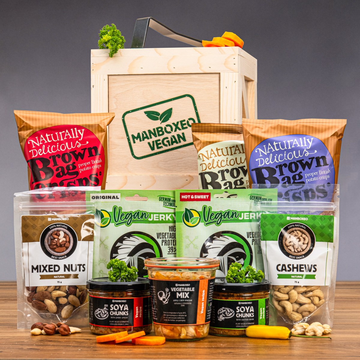 Manboxeo Bedna pro vegana | Dárková bedna s páčidlem | Dárek pro muže, tátu, přítele, dědu | Dárek k narozeninám, výročí, vánocům | Vánoční dárek pro 