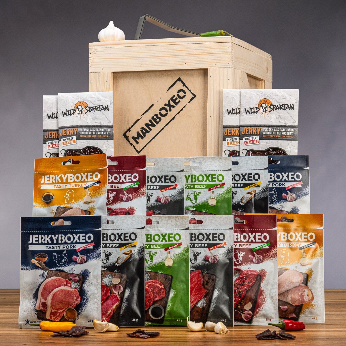 Manboxeo Bedna se sušeným masem Jerky XL | Dárková bedna s páčidlem | Dárek pro muže, tátu, otce, tatínka, přítele, dědu | Dárky pro muže | Bedna pro