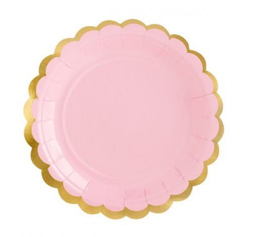 Levně Růžový papírový talíř se zlatým lemem - 6 ks