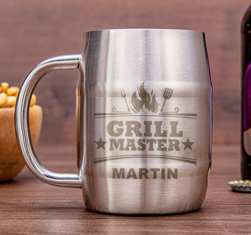 Nerezový chladicí pivní "půllitr" Grill master se jménem 400ml - broušený