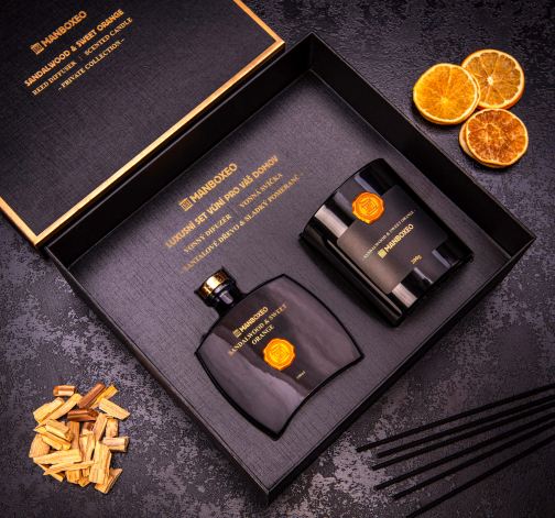 Exkluzivní dárková sada vonné svíčky a aroma difuzéru s intenzivní vůní - Sandalwood & Sweet Orange