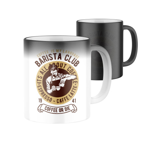 Manboxeo Magický keramický hrnek s potiskem Barista club 325 ml