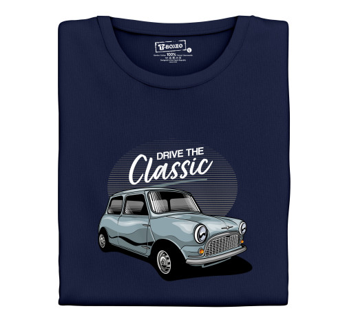 Manboxeo Dámské tričko s potiskem “Ride the Classic, modrý Austin mini"