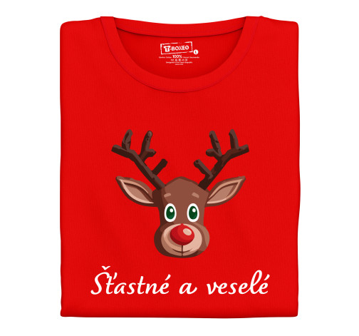 Levně Dámské tričko s potiskem "Vánoční sobík hnědý - šťastné a veselé"