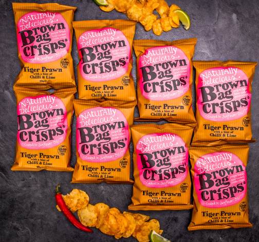 Levně 8× Křupavé, ručně vyráběné Brown Bag Crisps s krevetami a limetkou