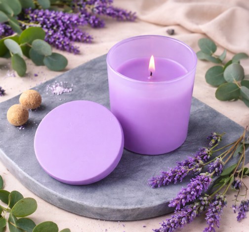 Levně Fialová vonná svíčka v krabičce 130g - LAVENDER & EUCALYPTUS